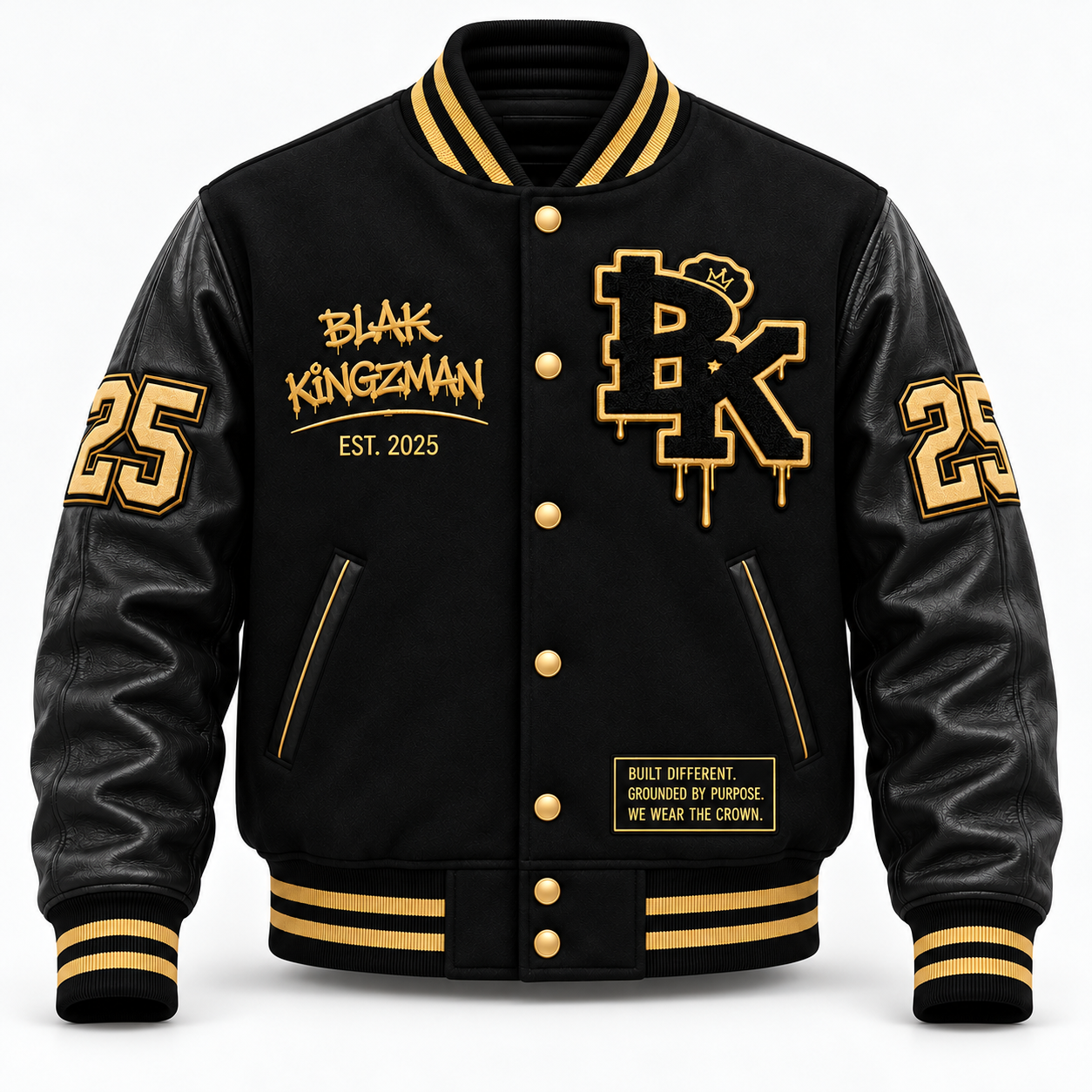 Blak Kingzman Black / Gold crown varsity coat, front view