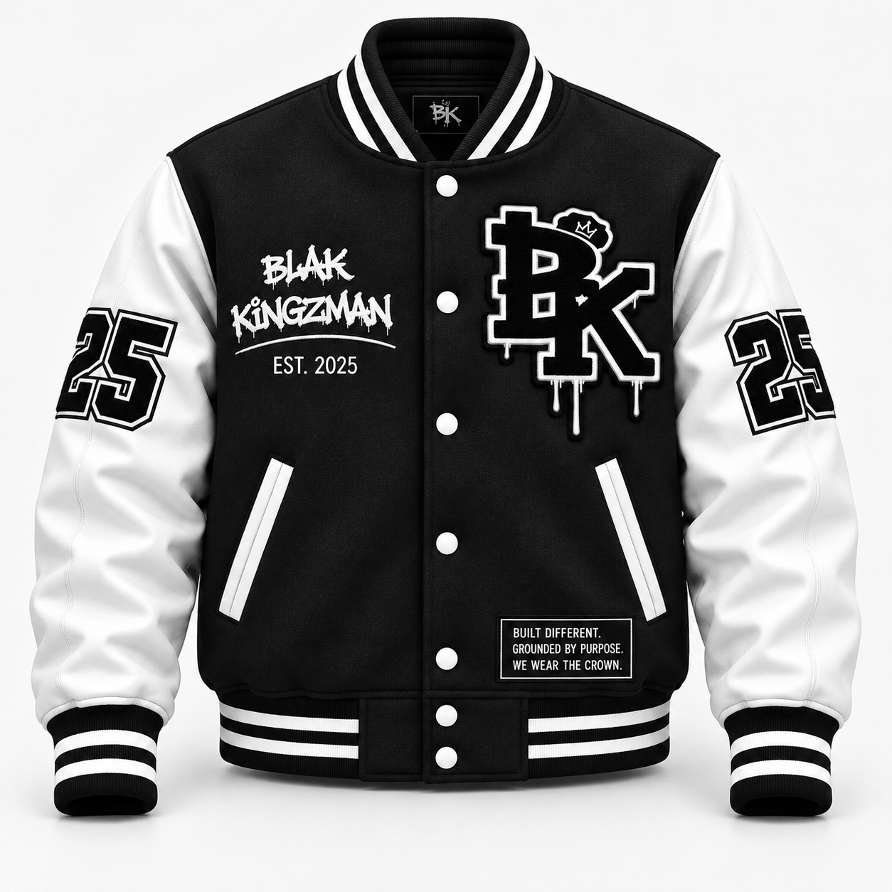 Blak Kingzman Black / White crown varsity coat, front view