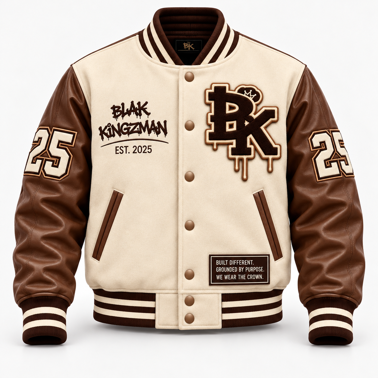 Blak Kingzman Cream / Brown crown varsity coat, front view