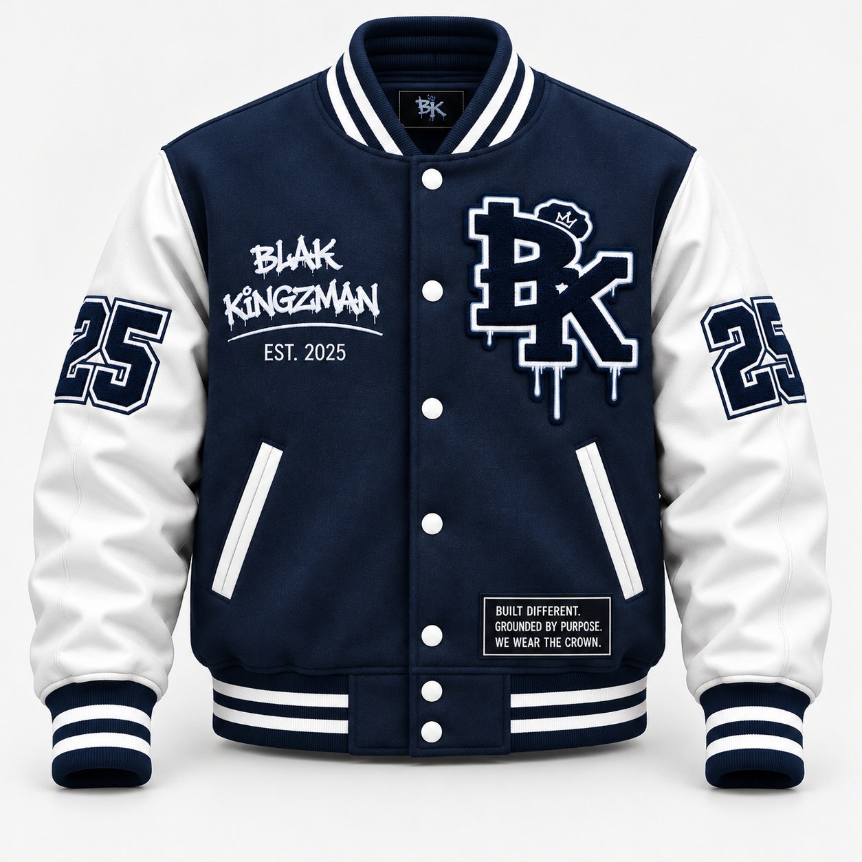 Blak Kingzman Navy / White crown varsity coat, front view
