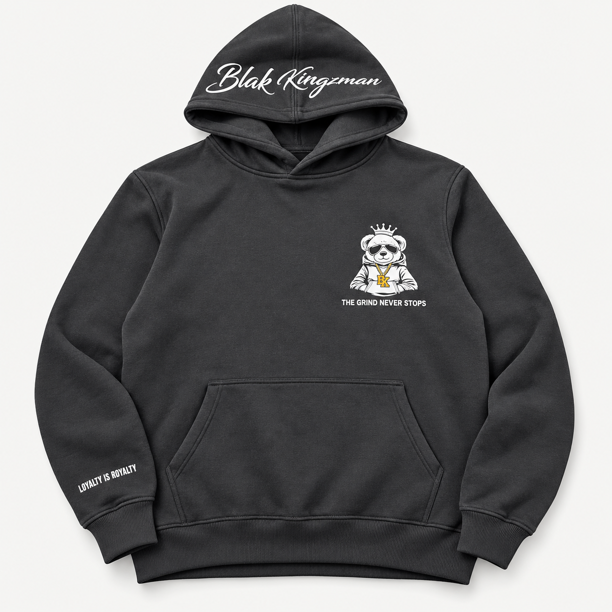 Blak Kingzman King Bear Hoodie in Black — front view