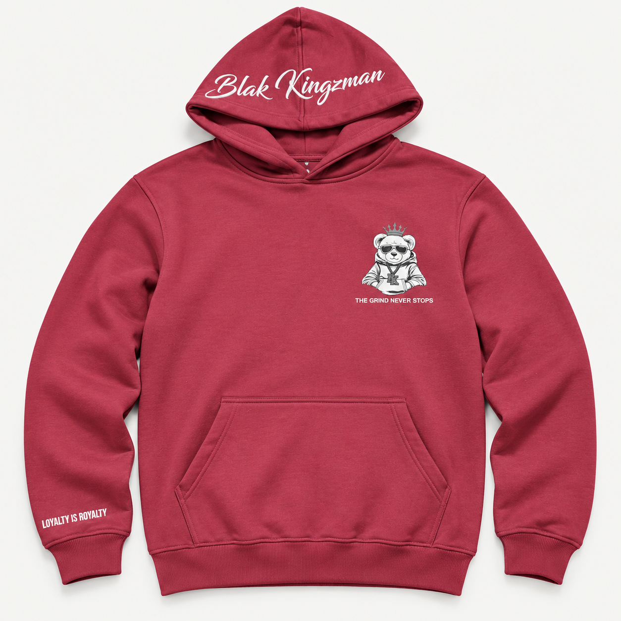 Blak Kingzman King Bear Hoodie in Burgundy — front view