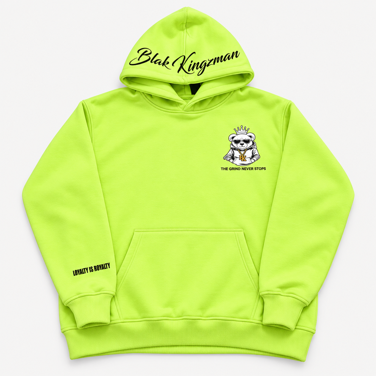 Blak Kingzman King Bear Hoodie in Lime — front view