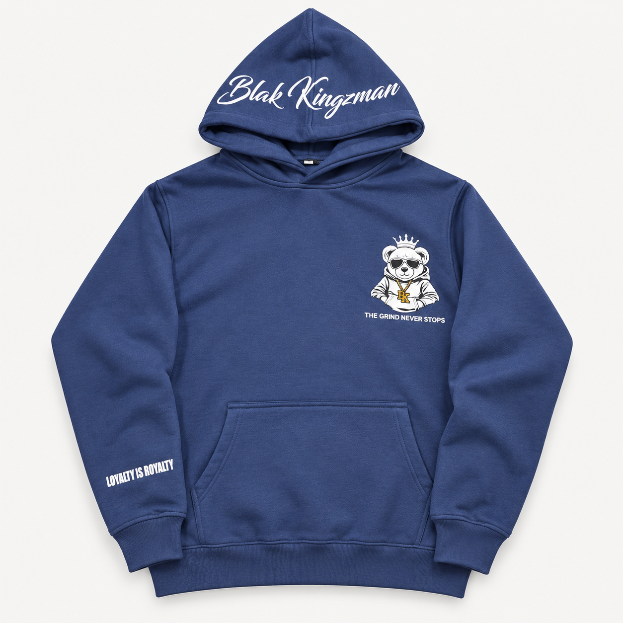 Blak Kingzman King Bear Hoodie in Navy — front view