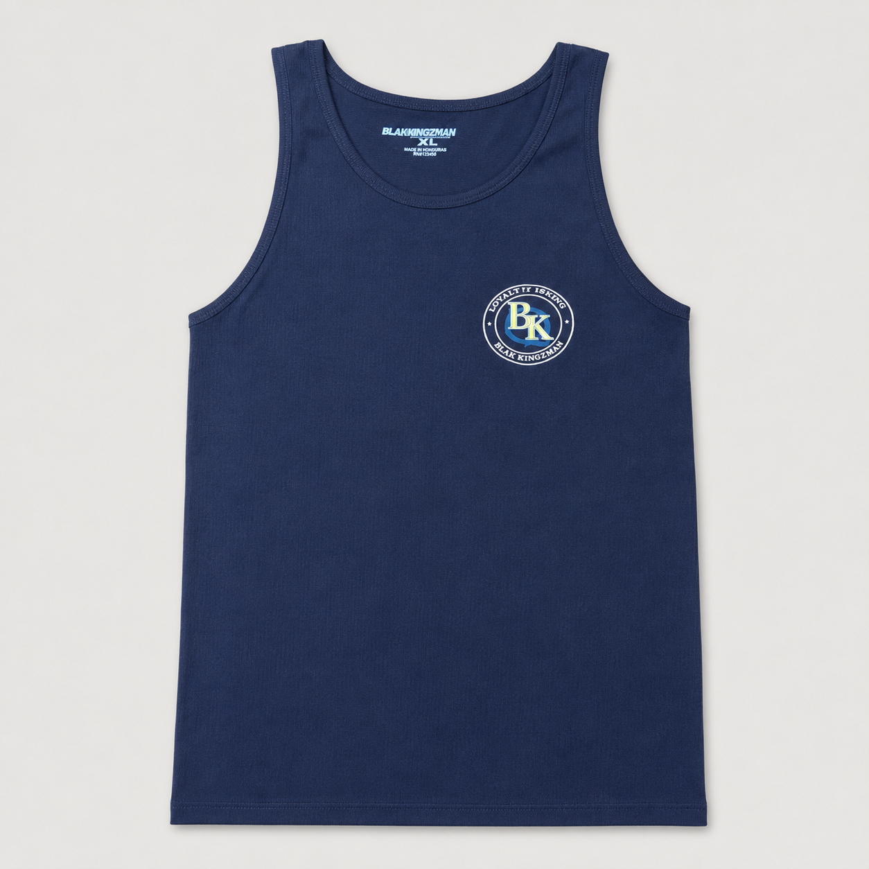 BLAK KINGZMAN BK Navy Tank — navy tank top with small BK Loyalty Is King circular chest logo