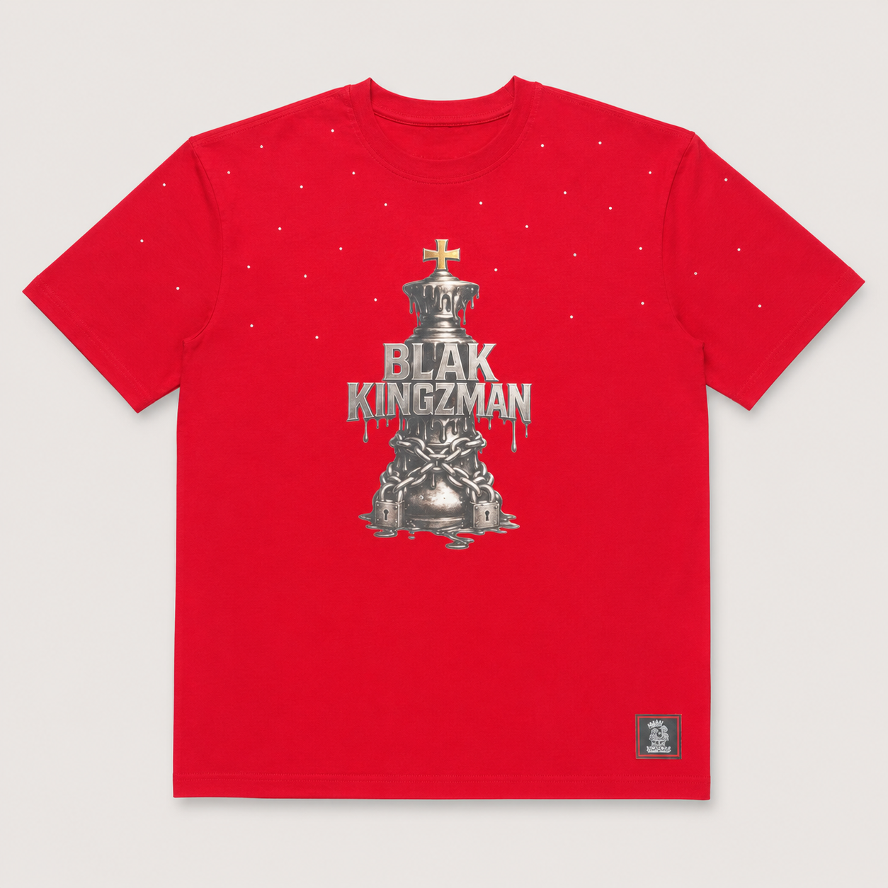 BLAK KINGZMAN Chess King Red Tee — 3D chrome chess king piece with chains and BLAK KINGZMAN lettering on red