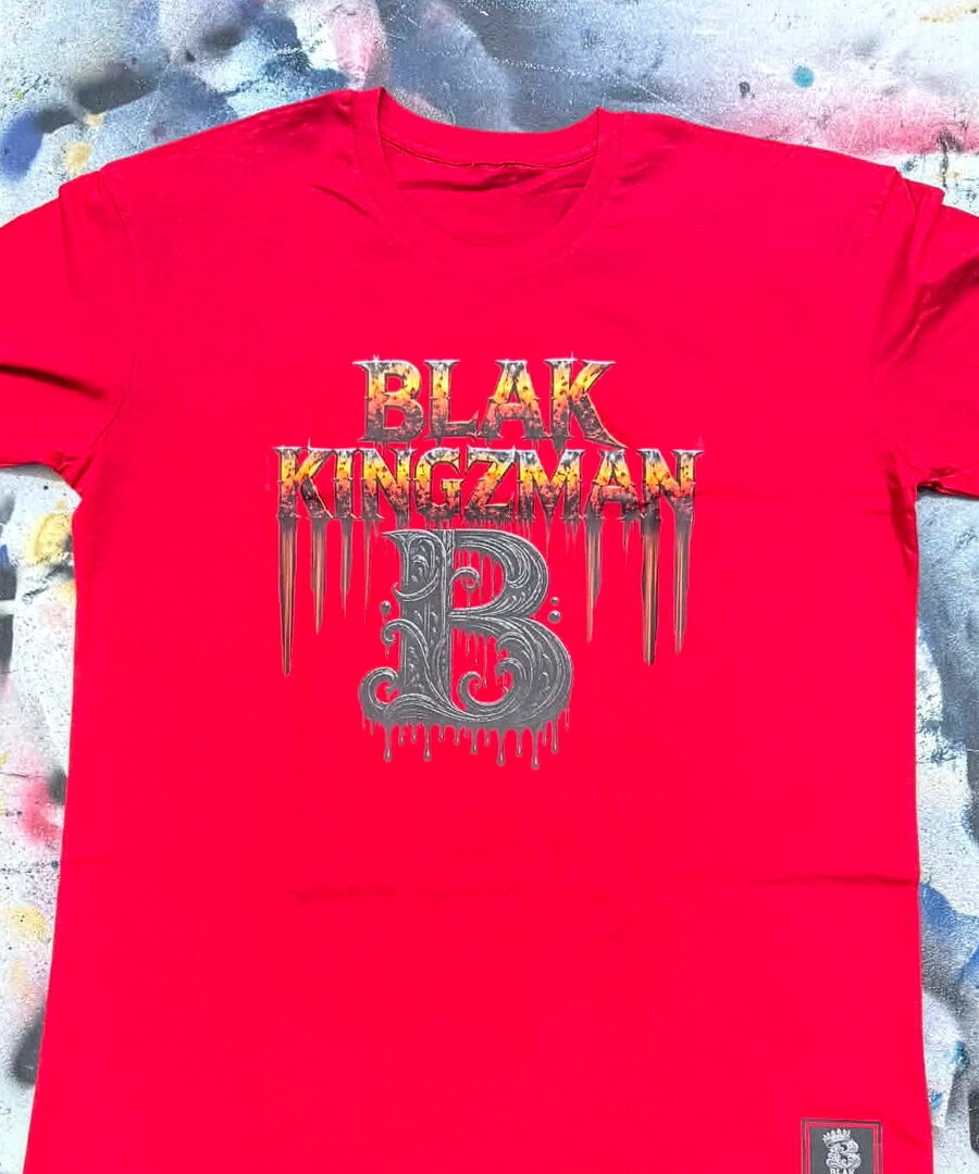 Dripping B Tee – red tee with metallic BLAK KINGZMAN dripping text and ornate crowned B
