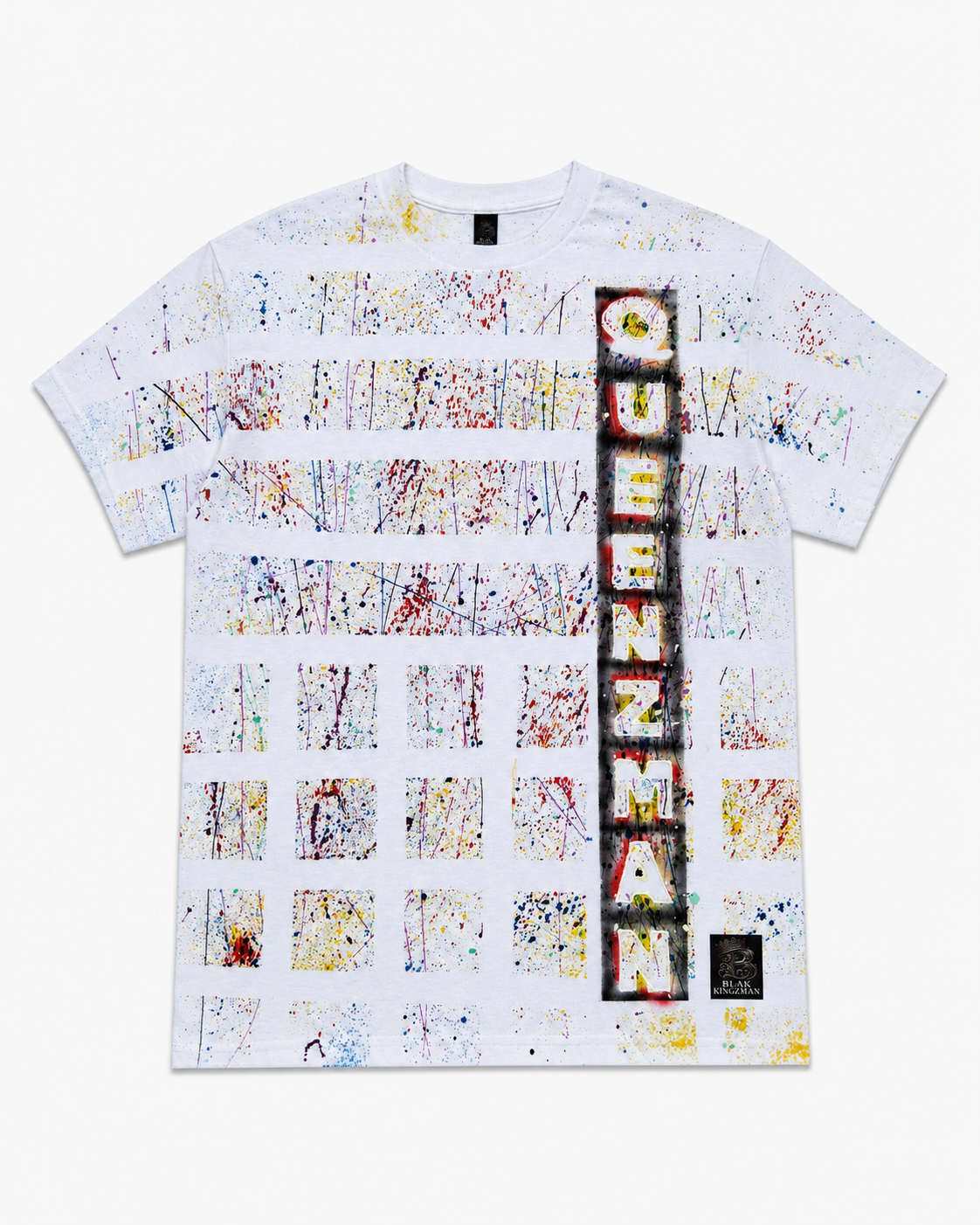 Queenzman Grid Spray-Paint Tee – white multicolor front