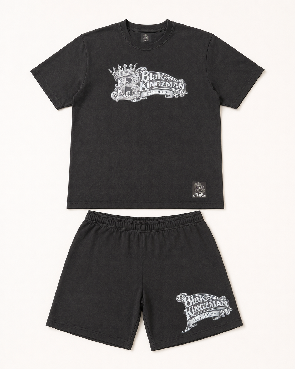 Kingdom Crest Short Set – black EST 2025 crest tee + shorts front