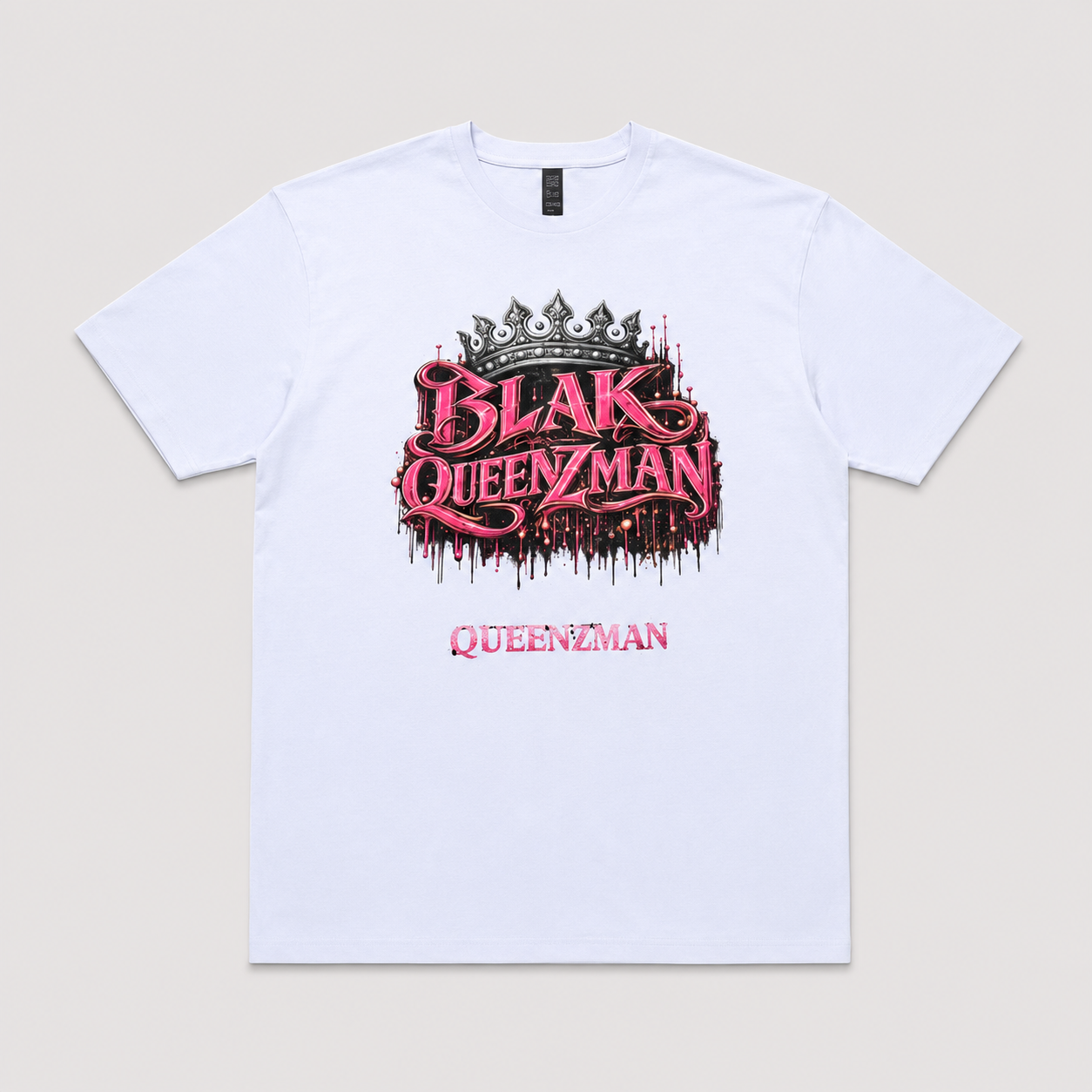 BLAK QUEENZMAN Pink Crown White Tee — bold 3D pink chrome crown drip logo with BLAK QUEENZMAN lettering on white tee