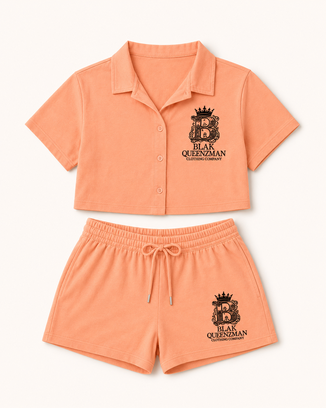 Queenzman Crop Short Set – peach/orange crop top + shorts front