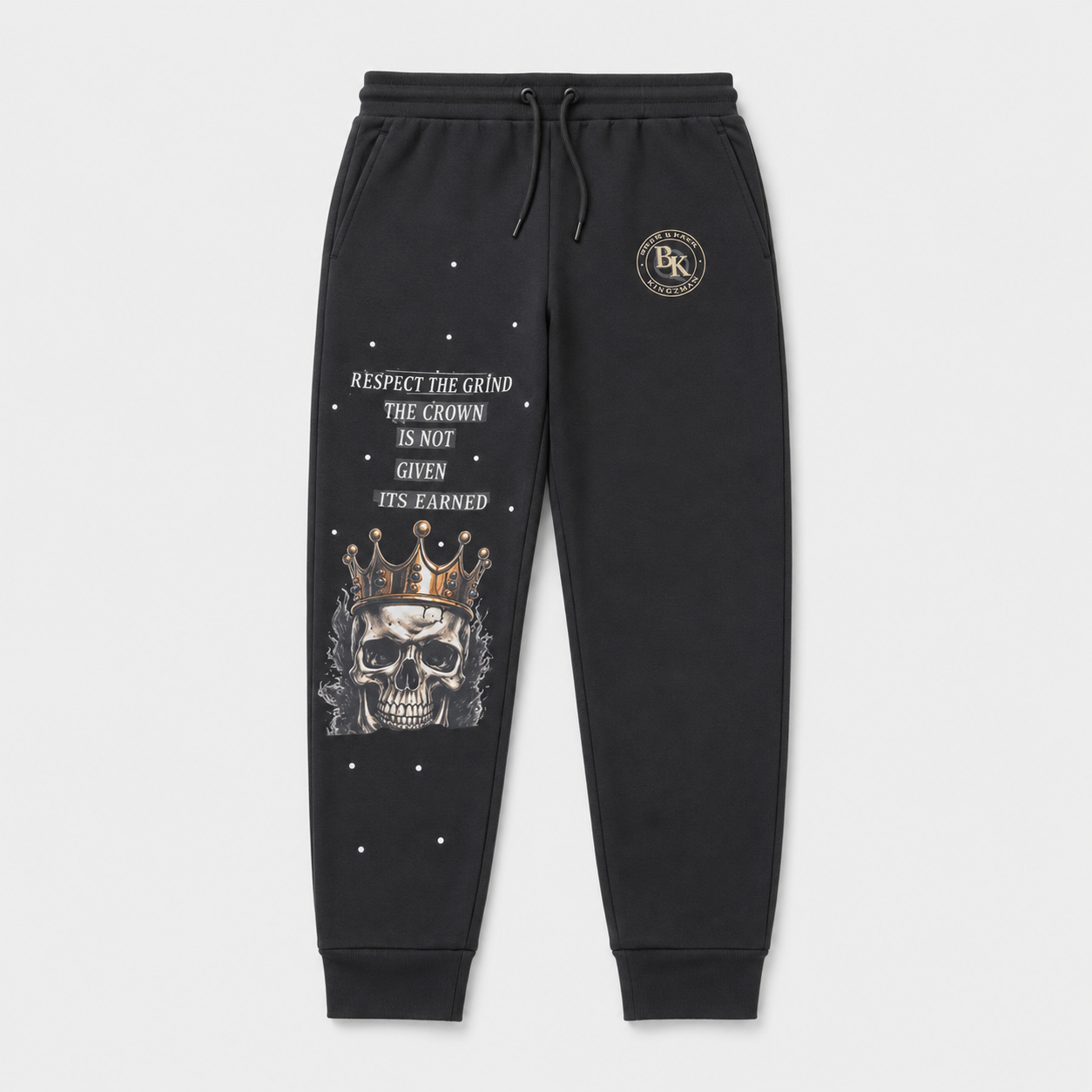 BLAK KINGZMAN Respect the Grind Skull Black Joggers — black fleece jogger pants with crowned skull graphic and Respect the Grind lettering on the left leg